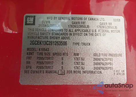 2008 Chevrolet Silverado K1500 z USA, uszkodzony, nr VIN 2GCEK13C281263506